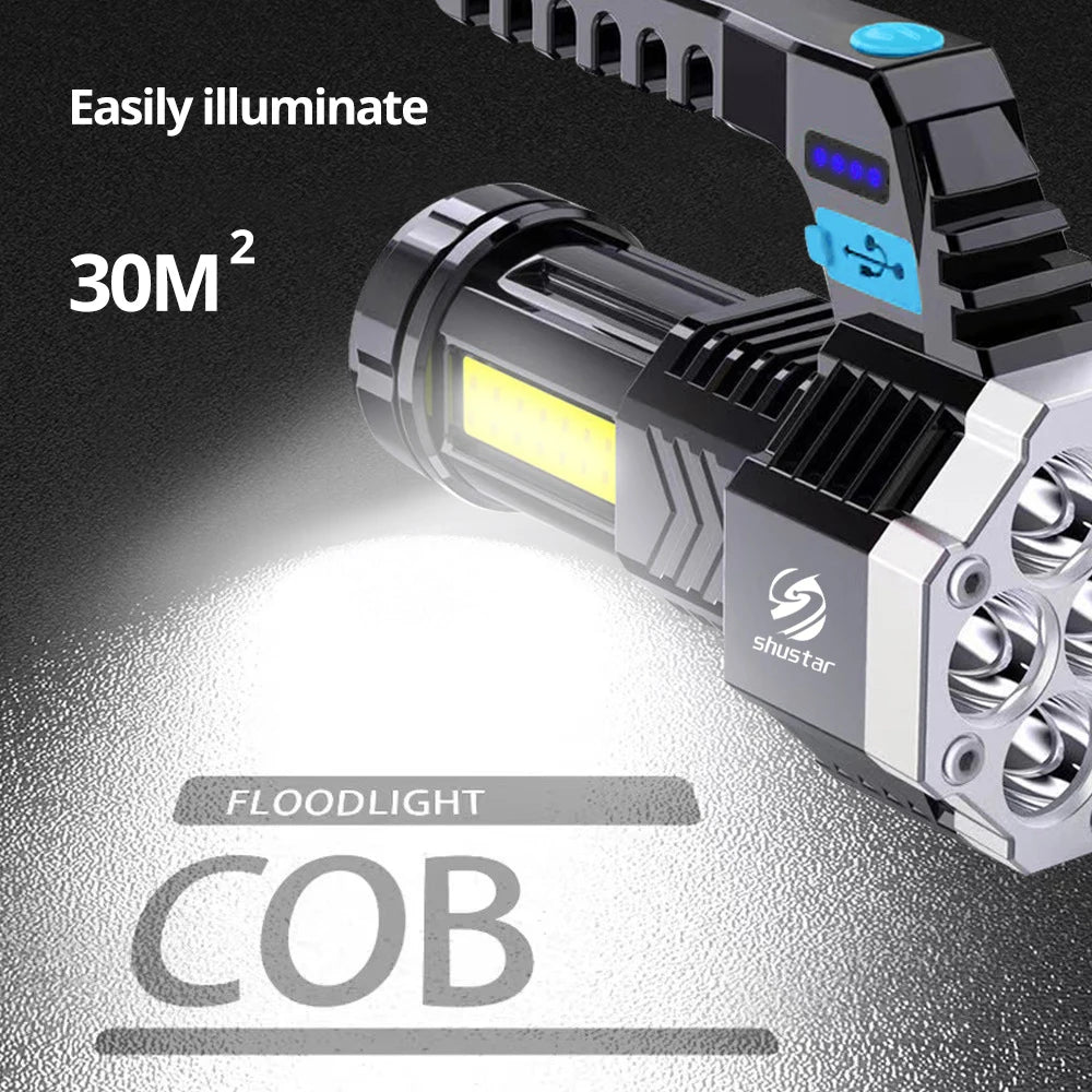 Rechargeable High-Power LED Flashlight with COB Side Light - Lightweight Outdoor Torch