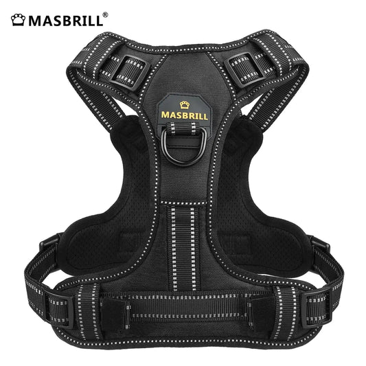 MASBRILL Reflective Nylon No-Pull Dog Harness: Adjustable Vest for Medium to Large Dogs - Safety Vehicular Lead for Walking and Running