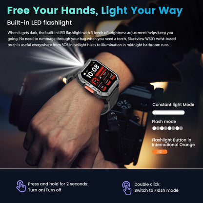 Blackview W60 2024 Smartwatch - 2.01'' HD Display, Rugged Outdoor Watch with Emergency Lighting & Bluetooth Calling