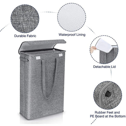 45L Thin Laundry Basket with Cover - Narrow Handled Dirty Laundry Basket for Bedroom and Kindergarten - Whole Basket Storage Bag