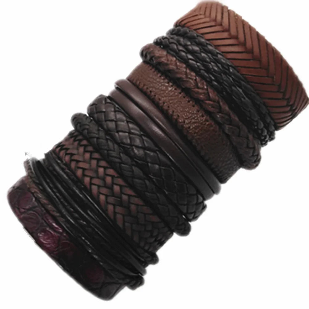 10 Piece Black Woven Wrap Bracelet Set | Handmade Fashion Leather Bangle Jewelry Gift for Men and Women