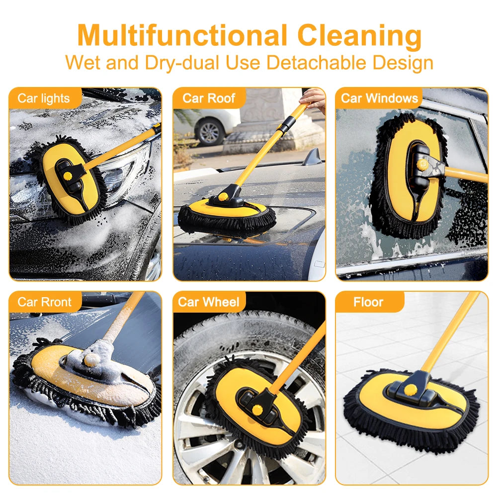 Telescopic Car Cleaning Brush: Long Handle Mop with Chenille Broom, Adjustable & Super Absorbent - Auto Detailing Accessory