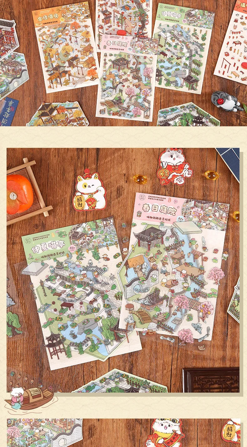 DIY 3D Cartoon Cat Sticker Set - Four Seasons Landscape, Pocket Cabin Scenes | Creative Stacking & Pasting Gift for Kids