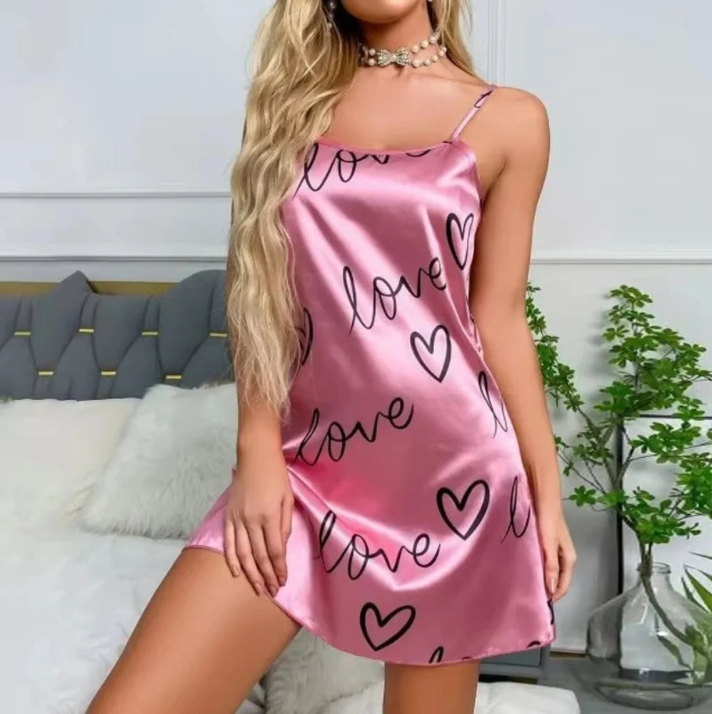 Casual Heart and  Letter Print Nightdress - Lettuce Trim Sexy Slip Short Nightdress, Women's Sleepwear and Dresses