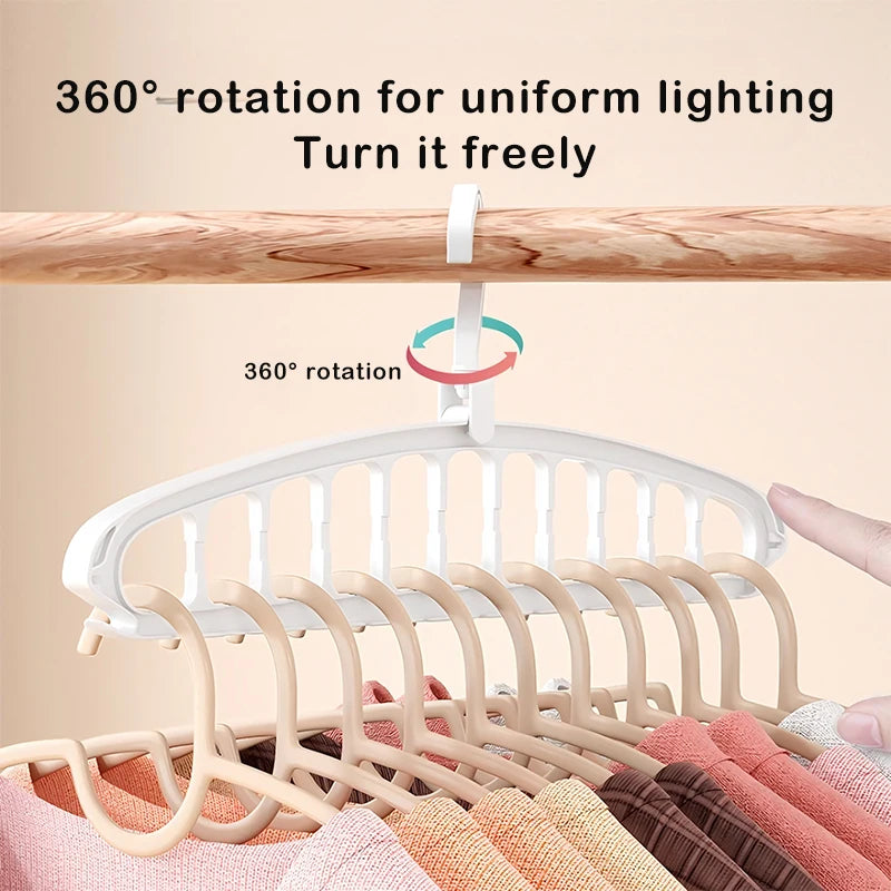 Foldable Clothes Hanger Closet Organizer - Multi-Port Rotating Drying Rack, 11-Hole Plastic Scarf and Clothing Storage Hangers