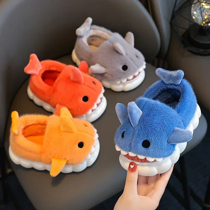 Cute Cartoon Shark Winter Heel Wrap Slippers for Kids - Non-Slip Soft Sole Plush Home Shoes for Boys and Girls