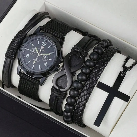 6PCS Men's Fashion Set - '8' Shaped Pu Leather Beaded Bracelet, Mechanical Watch and Cross Pendant Necklace in Black