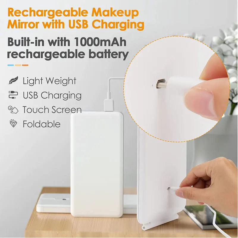 Portable LED Vanity Lamp Makeup Mirror: Folding Touch Screen Cosmetic Mirror with USB Rechargeable LED Lamp - Foldable and Lighted Design