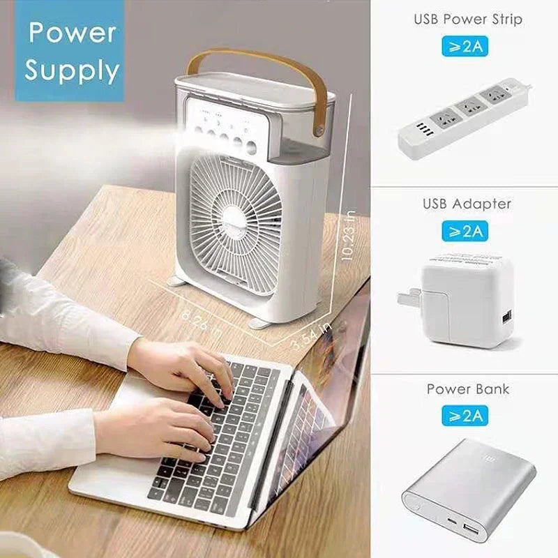 Portable 3-in-1 USB Fan Air Conditioner – Electric Fan with LED Night Light and Water Mist Humidifier