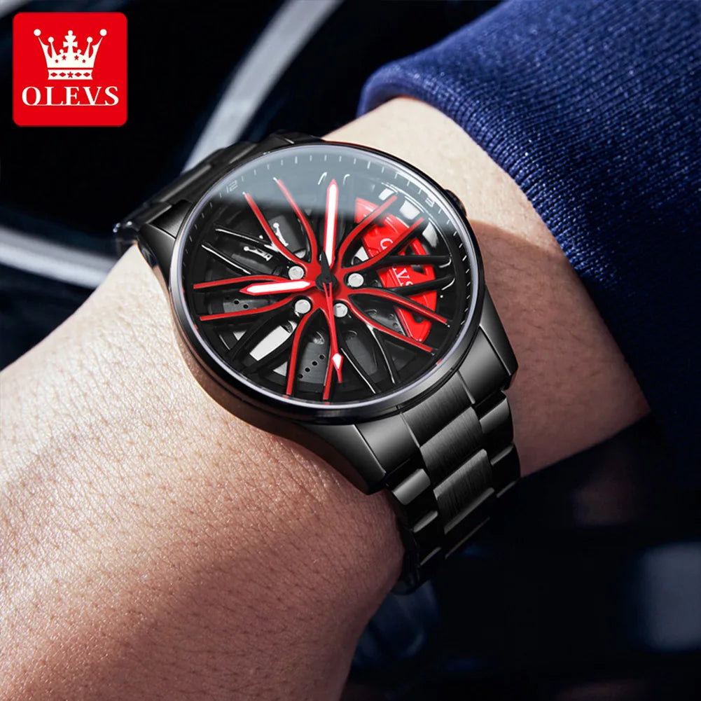 OLEVS Wheel Men's Luxury Watch – Waterproof, Rotary Sport Car Rim Design, High-Quality Fashion Quartz Watch, Best Seller