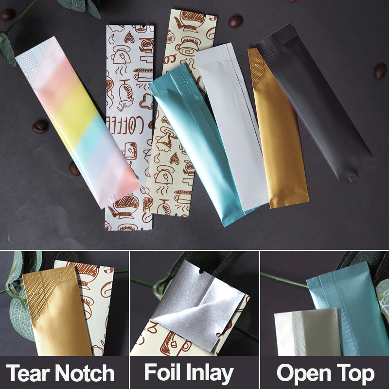 50PCS Open Top Aluminum Foil Bags: Disposable Heat-Sealing Rectangular Pouches for Coffee, Fruit, Dried Milk, Sugar, and Honey Powder