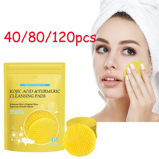 40-120pcs Turmeric and Kojic Acid Cleansing Pads - Exfoliating Facial Sponges for Deep Cleansing and Washing