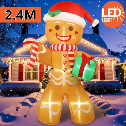 8FT Gingerbread Man Christmas Inflatable with Gift Pack - 2.4M Outdoor Xmas Yard Decoration with LED Lights for Lawn