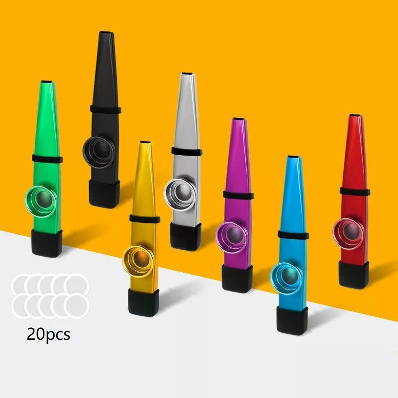 Metal Kazoos Set with 20 Pcs Flute Diaphragms: 7 Colors - Ideal Companion for Ukulele, Violin, Guitar, Piano - Includes Silicone Case