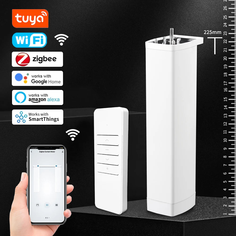 Smart Tuya WiFi/Zigbee Electric Curtain Shutter Motor - 22.5CM Size with RF Remote - APP Control Compatible with Alexa, Google Assistant, SmartThings