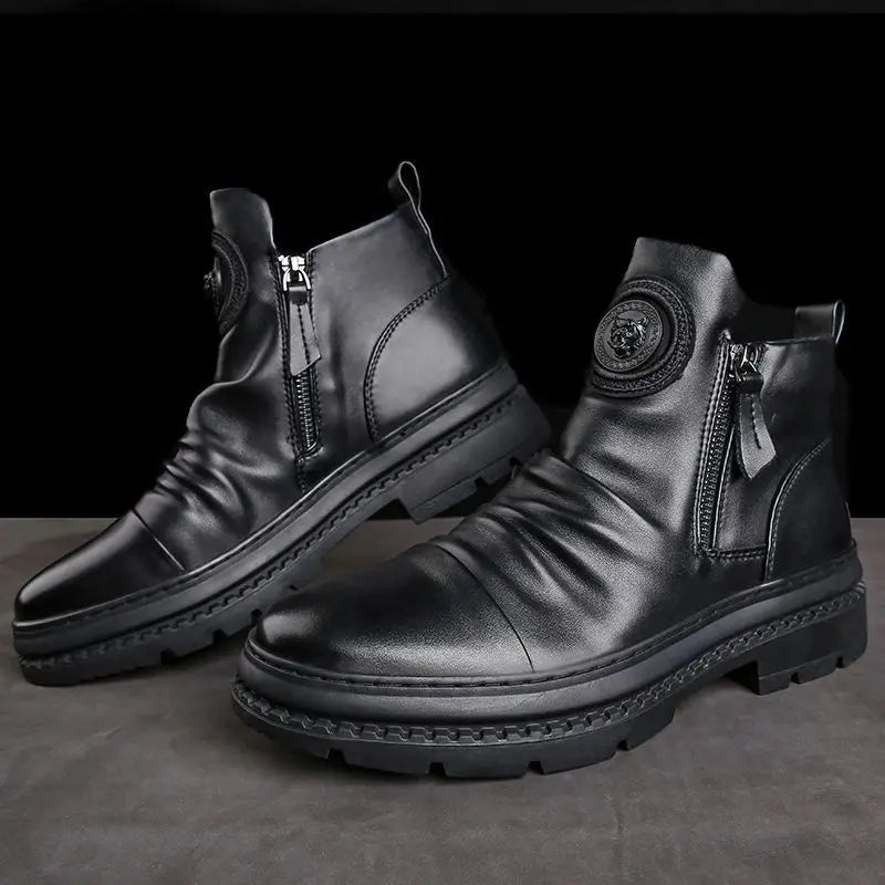 Men’s Motorcycle Leather Boots – British Style High-Top, Round Head, Side Zip, Casual Platform Walking Boots