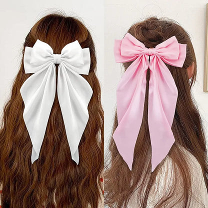 2Pcs/Set Elegant Bow Ribbon Hair Clip: Solid Bowknot Satin Hairpin Barrettes - Women's Fashion Ponytail Clip Hair Accessories