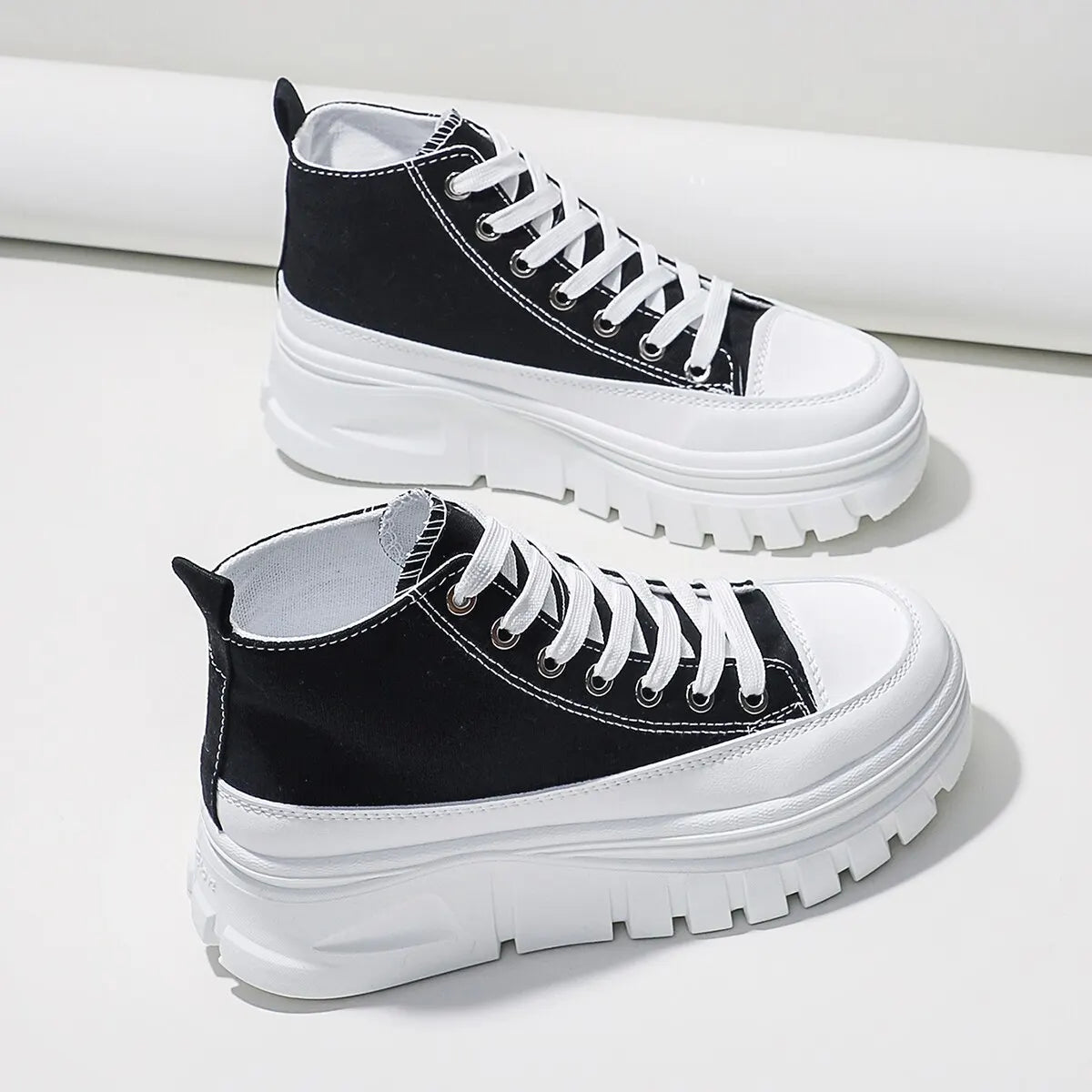 Lace-Up High Top Flatform Canvas Sneakers for Women - Fashionable, Comfortable, and Height-Increasing Casual Shoes