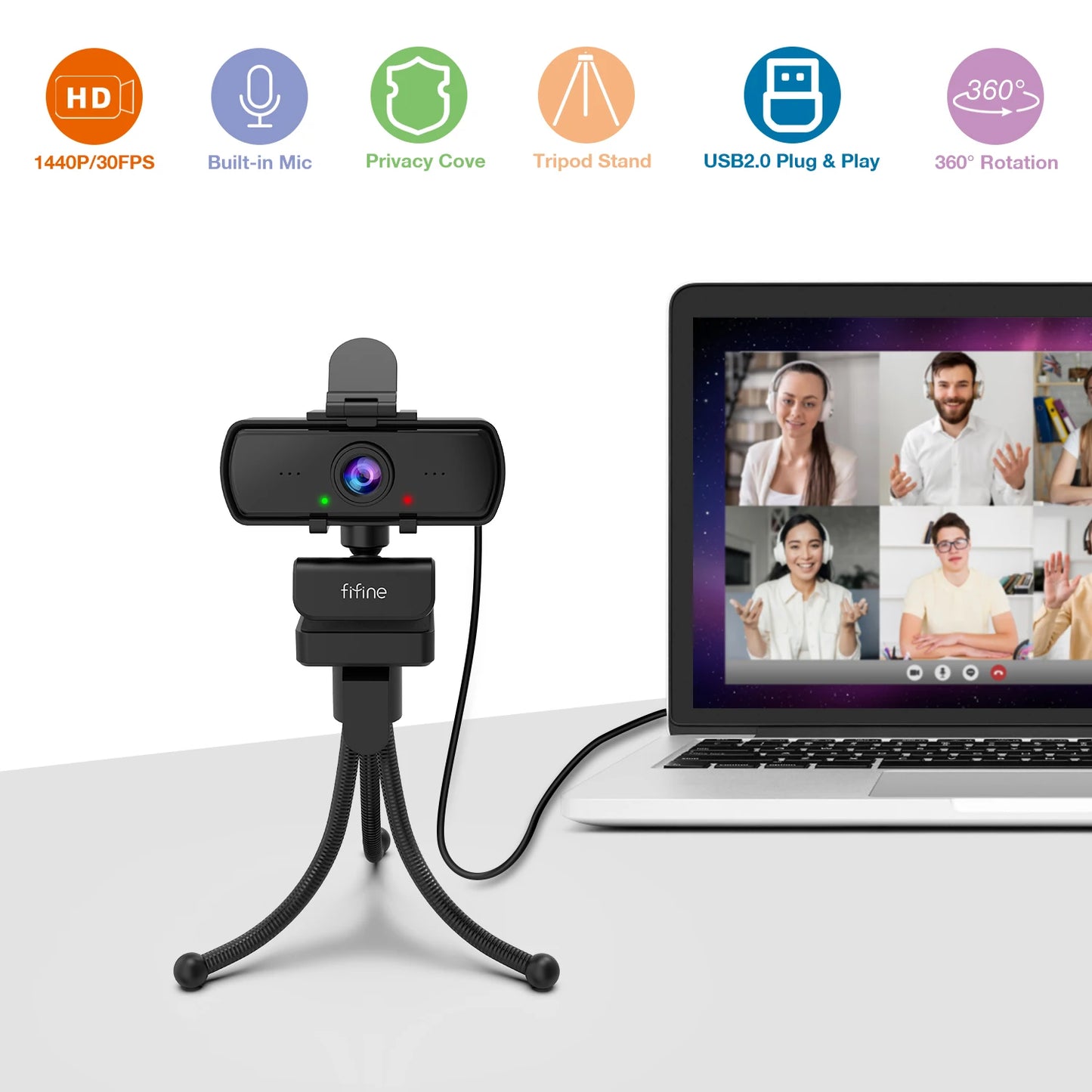 FIFINE 1440p Full HD PC Webcam with Microphone - Tripod Included, USB for Desktop and Laptop, Live Streaming and Video Calling - K420