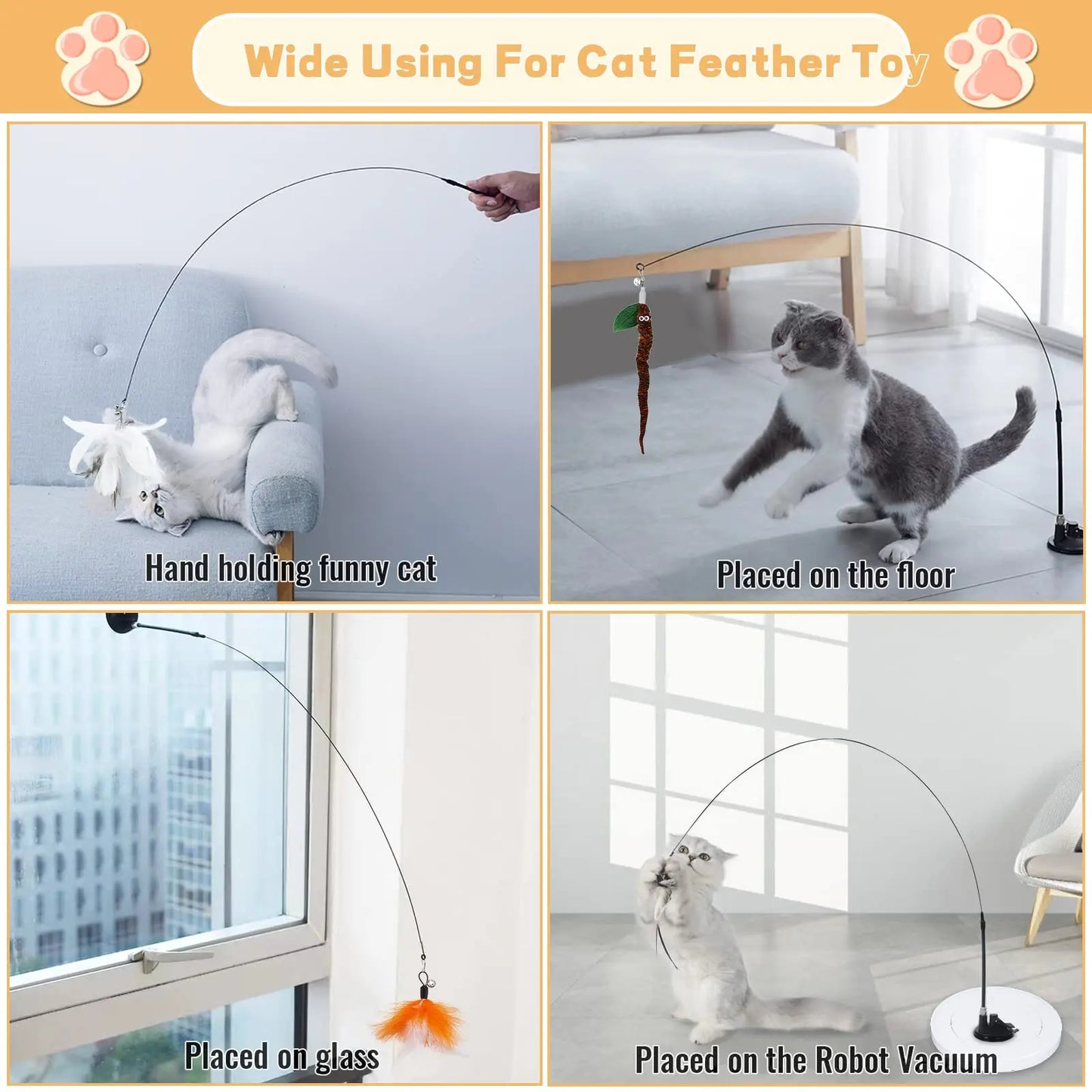 Cats Toys Feathers Wand: Interactive Kitten Toy with Super Suction Cup, Detachable - Includes 2 PCS Feather Replacements, Cat Accesorios