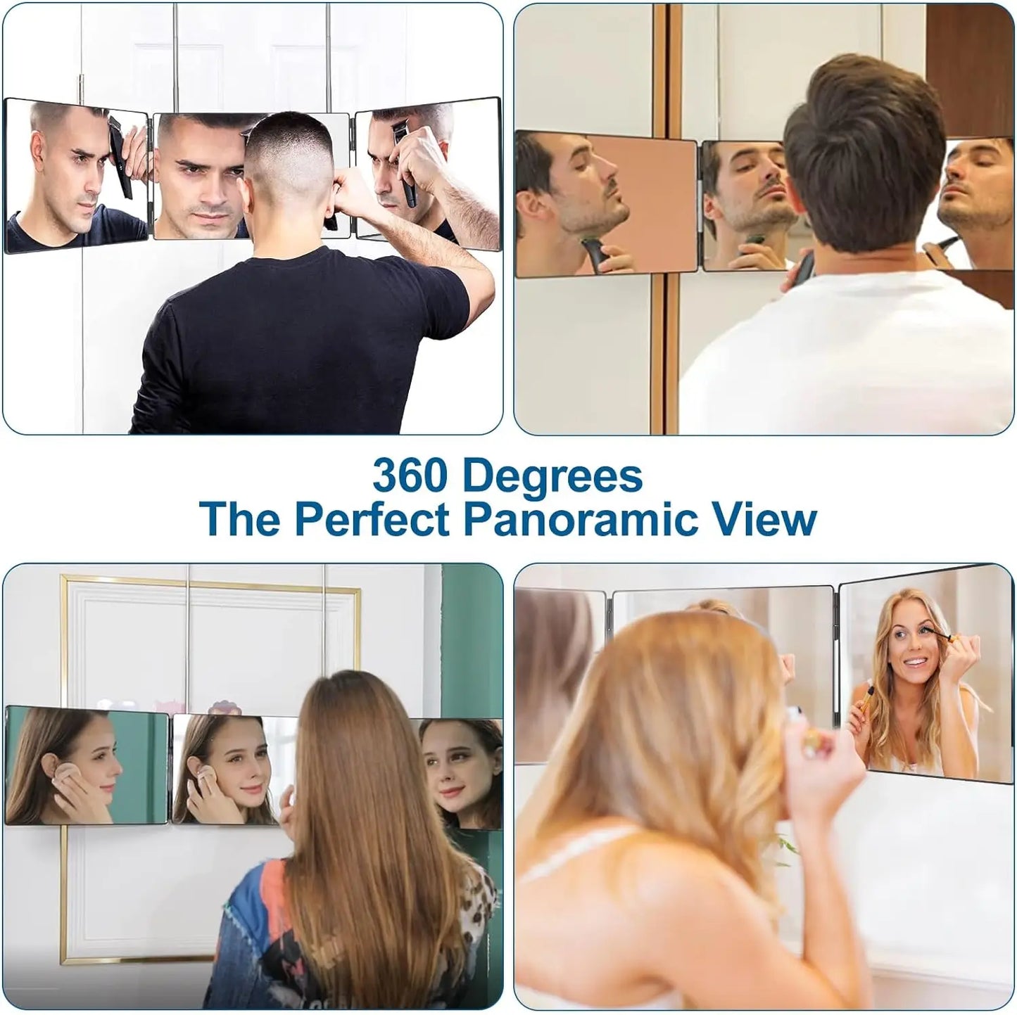 Black Portable 360° Trifold Mirror – Height Adjustable with Telescoping Hooks, Ideal for Hair Cutting & Makeup, Foldable Design