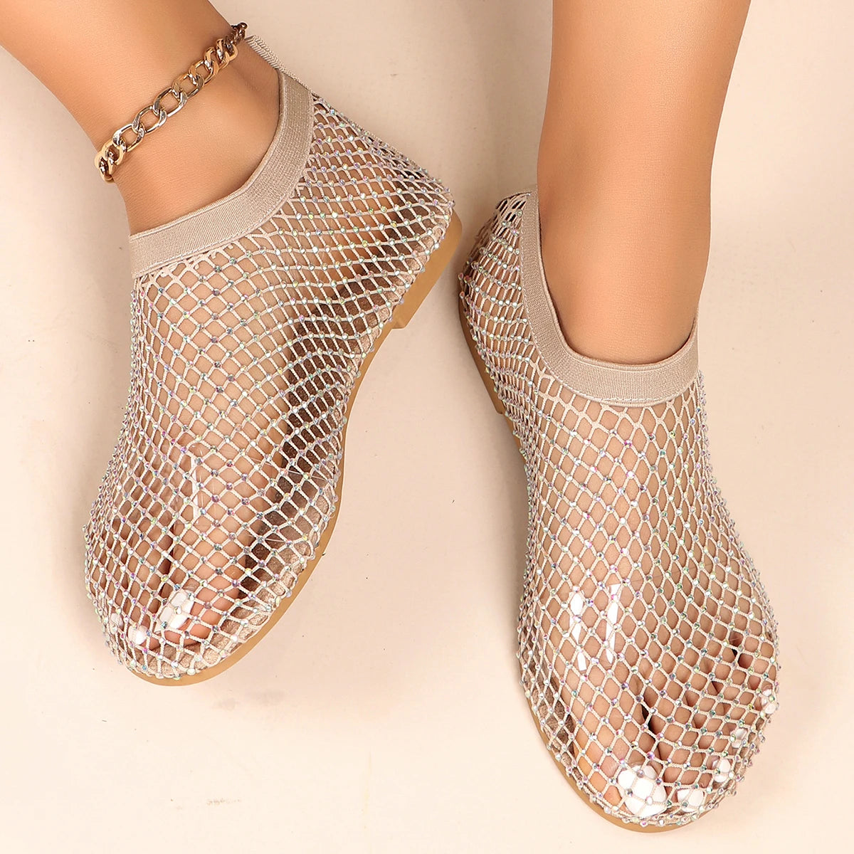 Summer Luxury Women's Flat Sandals: Round Toe Design | Hollow Short Boots | Water Diamond Embellishments