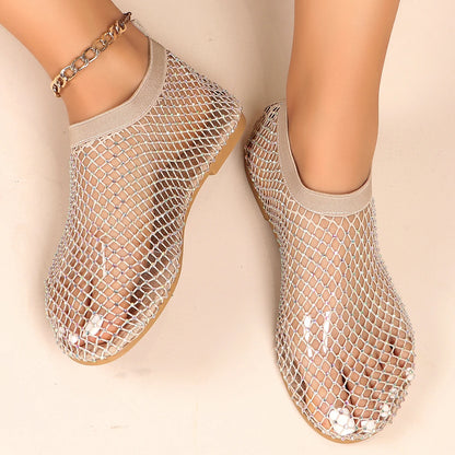 Summer Luxury Women's Flat Sandals: Round Toe Design | Hollow Short Boots | Water Diamond Embellishments