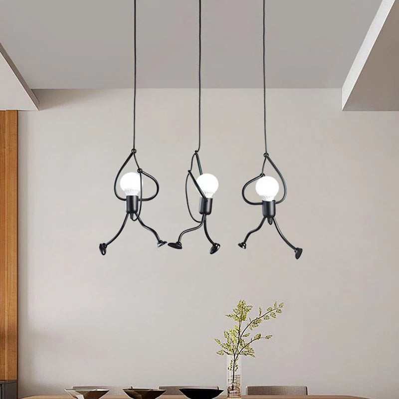 Modern Vintage Iron Little Man Chandelier: LED Ceiling Lamp for Home Living Room & Children's Bedroom Decor in Black E27 Pendant Lights