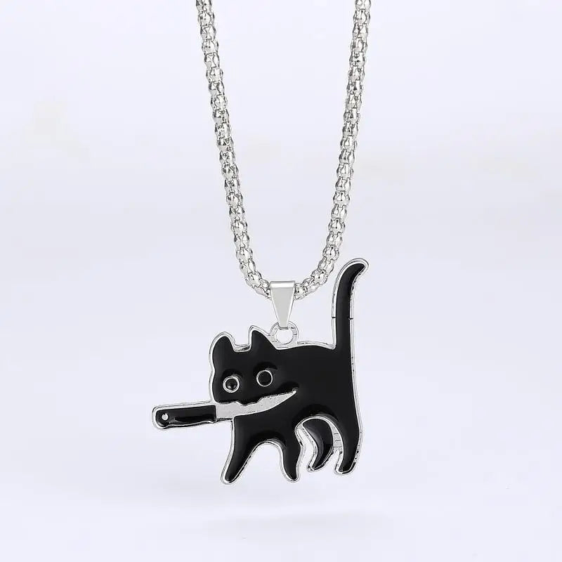 Hip Hop Fashion Knife Cat Necklace - Black Cat Pendant for Women & Men, Kpop Style, Sweater Chain Jewelry, Party Gift  2023