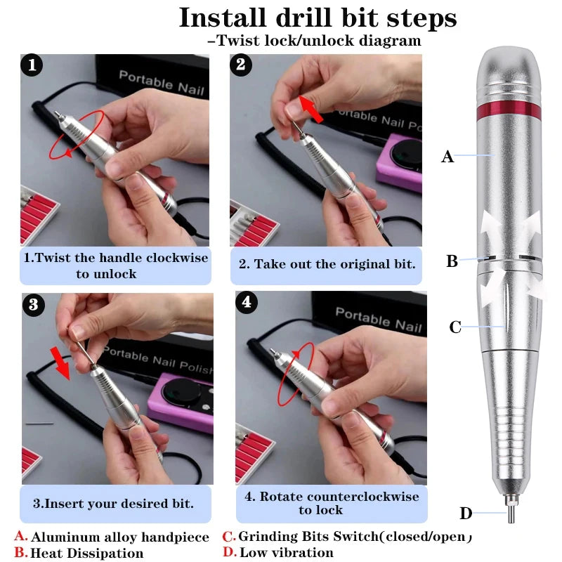 New 45,000RPM Professional Electric Nail Drill - Rechargeable Nail File for Gel Polish, Low Noise, Nail Accessories