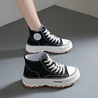 Women's High Top Sneakers - Lace-Up Casual Platform Canvas Shoes, Non-Slip and Wear-Resistant for Spring 2024