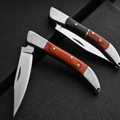 Stainless Steel Sharp Folding Knife with Wooden Handle - Portable Pocket Survival Tool for Outdoor Camping and Fruit Peeling