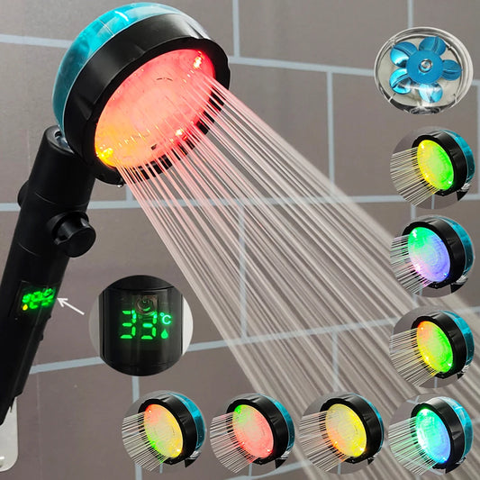 LED Digital Temperature Display Shower Head | Black with Colorful Fan & Temperature Control | High Pressure Rainfall Bathroom Showerhead