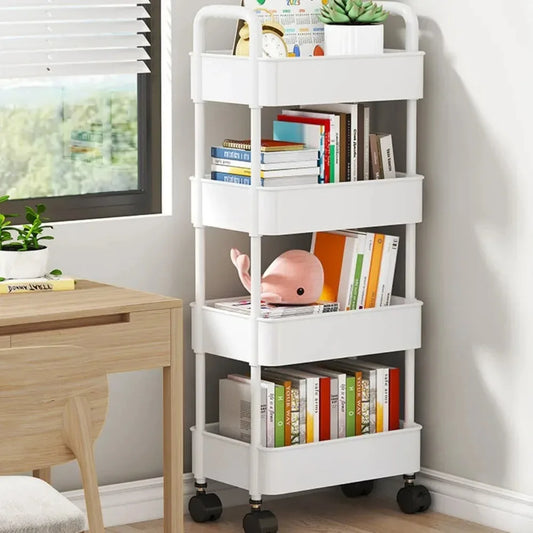 Bookshelf Storage Trolley - Mobile Kitchen Organizer Cart with Wheels, Multi-Layer Bathroom Shelves for Snacks and Household Items