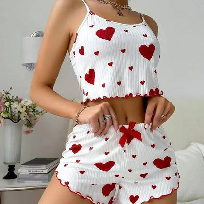 Hot Selling Women's Pajamas Set - 2PCS White Tank Top and Shorts Sleepwear with Red Love Print, Soft and Casual