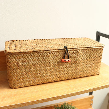 Hand Woven Storage Baskets with Lid - Rectangular Dust-Proof Clothing Storage Box, 3-Grid Wardrobe Container for Sundries Organizer