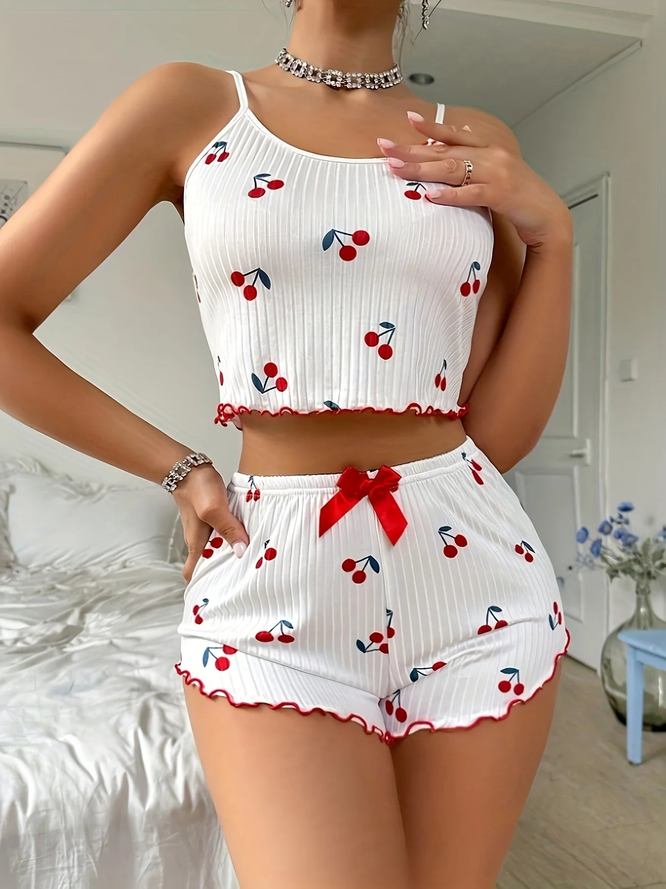 Summer Women's Heart Print Pajama Set - Relaxed Fit Round Neck Backless Crop Cami Top and Shorts Loungewear