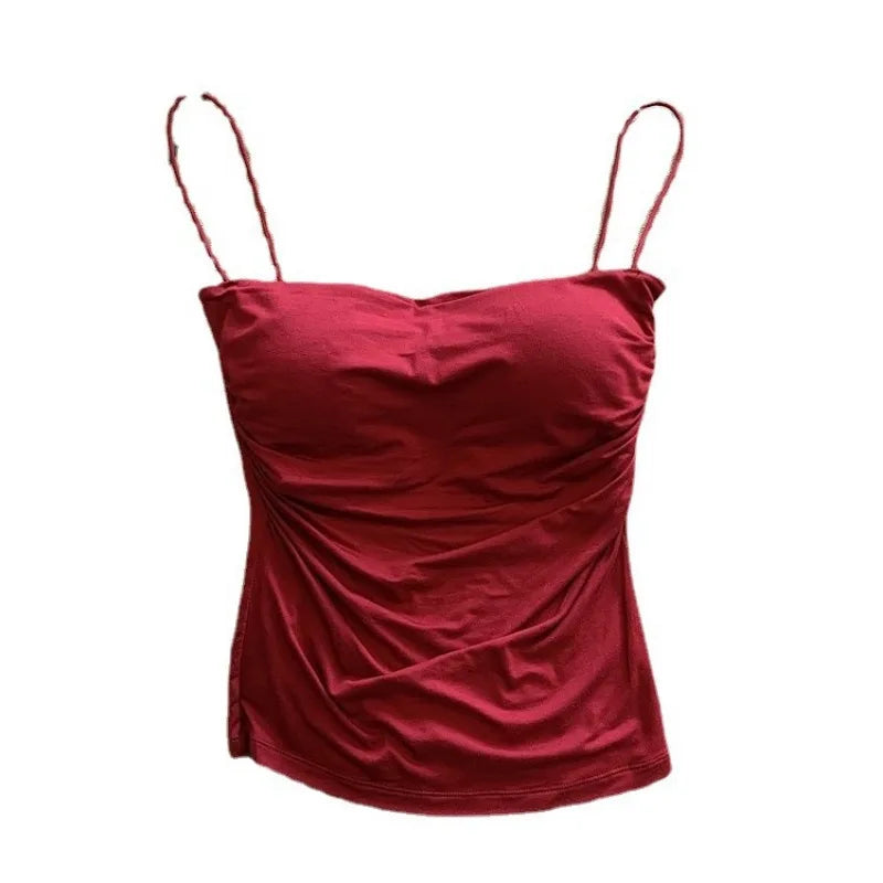 Korean Style Women's Tank Tops with Built-In Bra - Spaghetti Strap Solid Color Casual Summer Camis