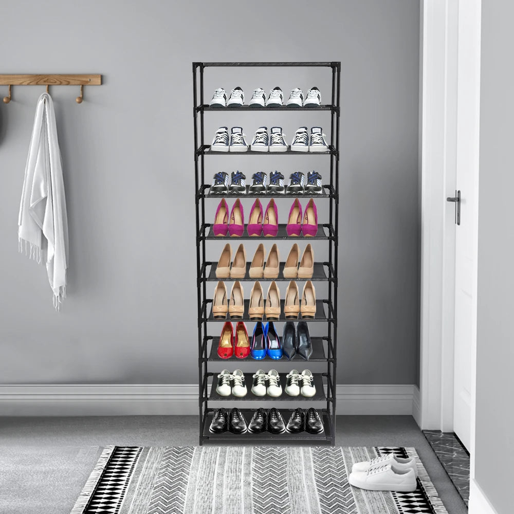 10 Tier Stackable Shoe Rack - Stainless Steel Frame, Holds 50 Pairs of Shoes for Organized Storage