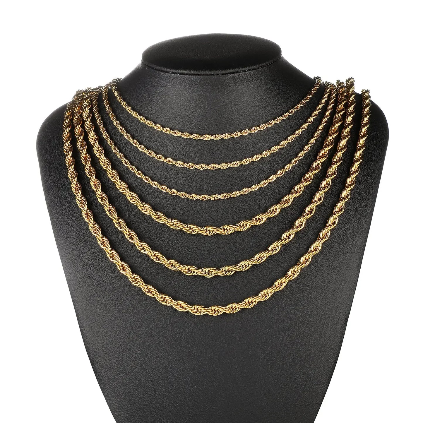 2-6MM Gold Twisted Rope Chain Necklace - Stainless Steel Waterproof Choker for Men and Women, Never Fade Fashion Jewelry