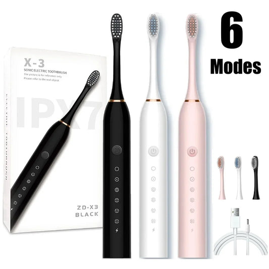 X-3 Sonic Electric Toothbrush – USB Rechargeable with 6 Clean Modes, Washable Teeth Whitening and Cleaning Brush