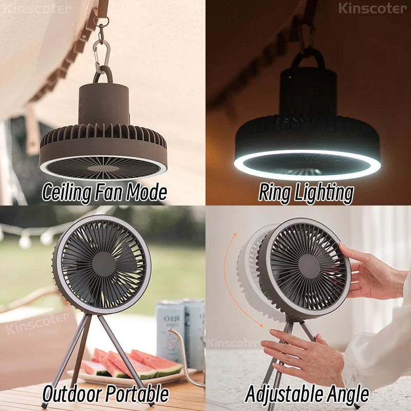 10000mAh/4000mAh Rechargeable Camping Fan - Desktop Portable Circulator with Wireless Ceiling Electric Fan, Power Bank, LED Lighting