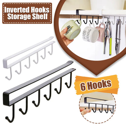 Iron Metal Under-Shelf Hanging Rack - 6 Hooks Storage Shelf for Kitchen & Bathroom Organizer