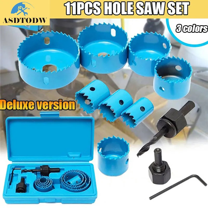 11pcs Hole Saw Cutting Set: Tools for Wood, Metal Alloys Circular Round - Sizes 19-64mm with Handy Case