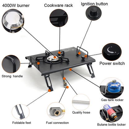 Removable IGT Wood Table Gas Stove | Camping Folding Portable Lightweight Camp BBQ Grill Table | Outdoor Picnic Fishing Table