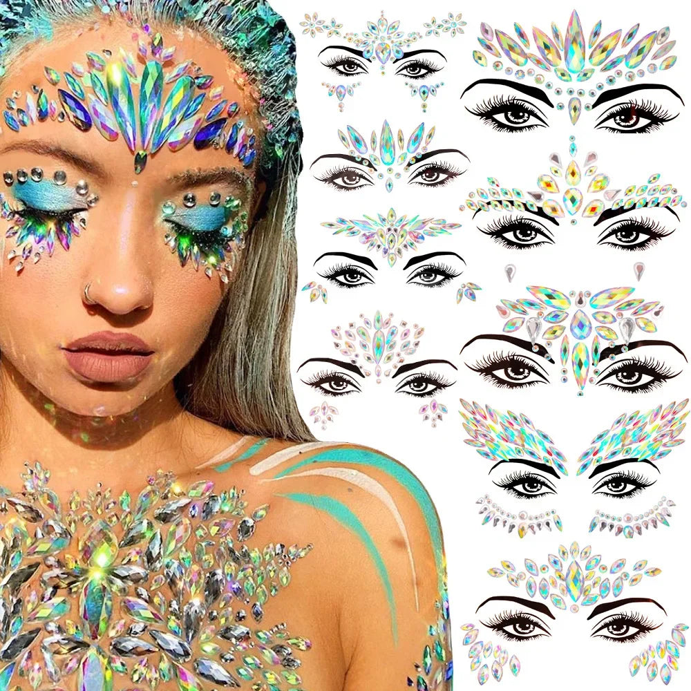 3D Sexy Face Tattoo Stickers: Temporary Glitter Fake Tattoos with Rhinestones for Women - Masquerade Party Face Jewels