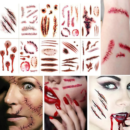 12PCS Halloween Temporary Tattoo Stickers - Realistic Wounds, Scab, Blood, 3D Bloody Knife Scar, Waterproof