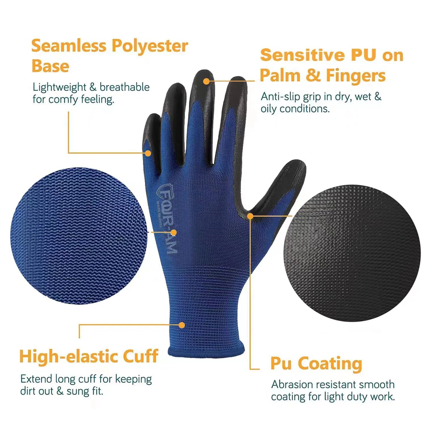 12 Pairs Ultra-Thin PU Coated Work Gloves - Excellent Grip, Nylon Shell with Black Polyurethane Coating, Safety Work Gloves with Knit Wrist Cuff