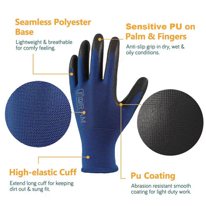 12 Pairs Ultra-Thin PU Coated Work Gloves - Excellent Grip, Nylon Shell with Black Polyurethane Coating, Safety Work Gloves with Knit Wrist Cuff