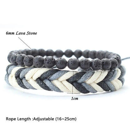 2024 2Pcs Men's Bracelet Set - Natural Wood and Volcanic Rock Beads with Tiger Eye Stones, Handmade Macrame Weave